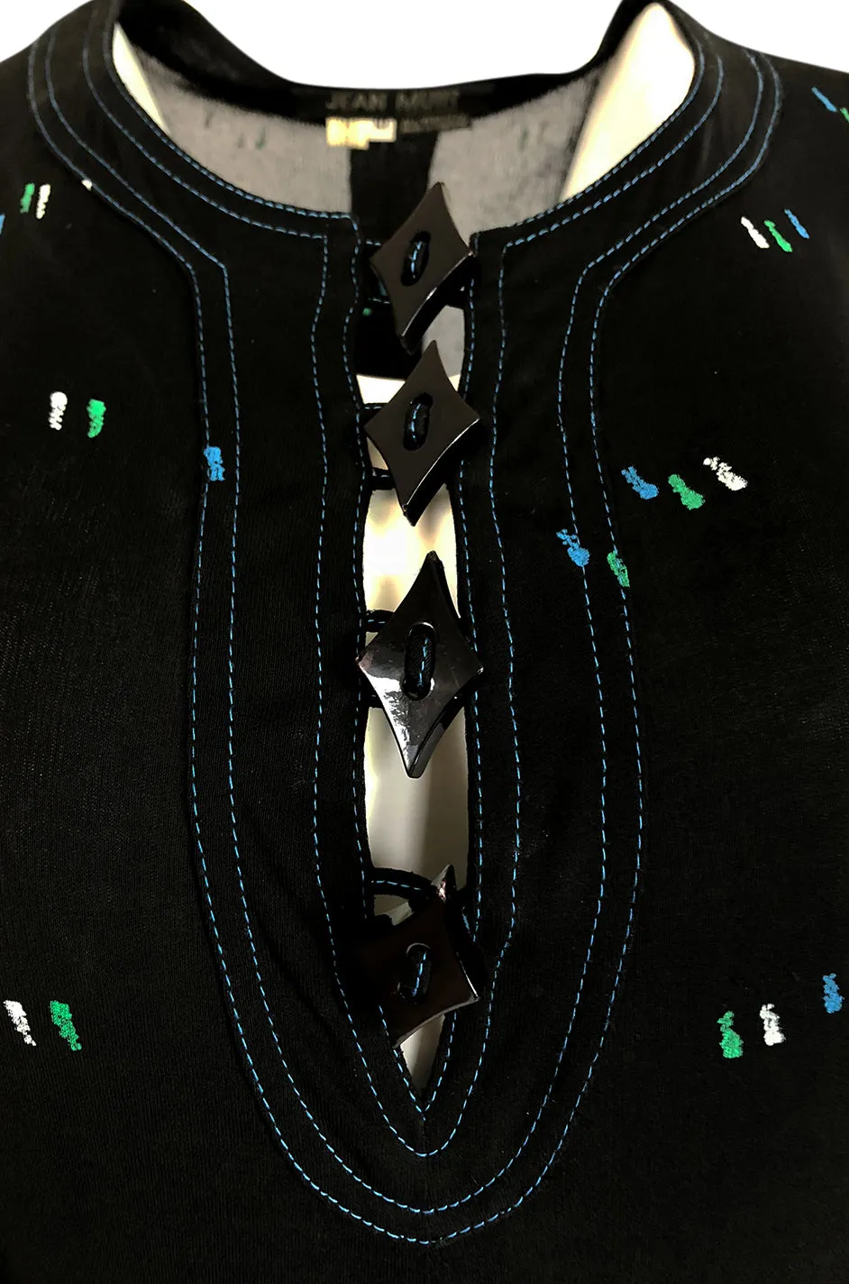 1970s Jean Muir Printed Jersey Dress w Incredible Art Deco Buttons