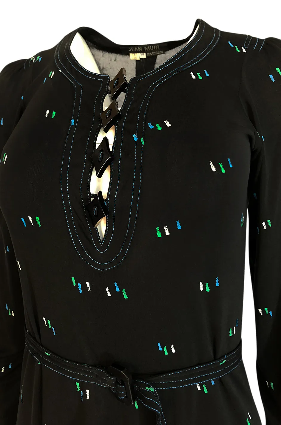 1970s Jean Muir Printed Jersey Dress w Incredible Art Deco Buttons