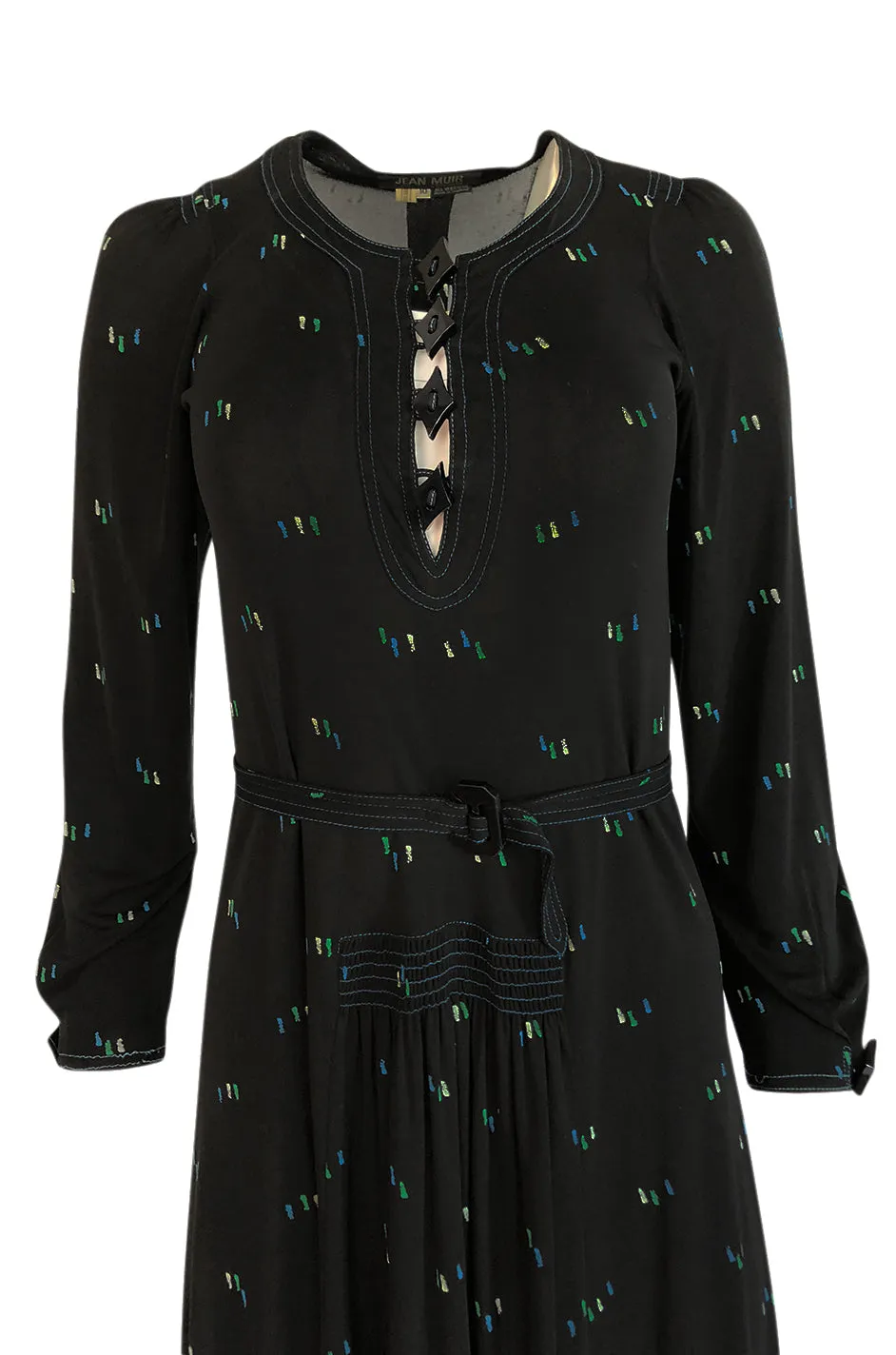 1970s Jean Muir Printed Jersey Dress w Incredible Art Deco Buttons