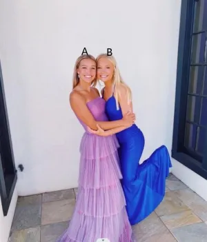 2024 Cheap Tulle Purple Ruffle tiered Prom Dresses Sheath Long Formal Evening Dresses