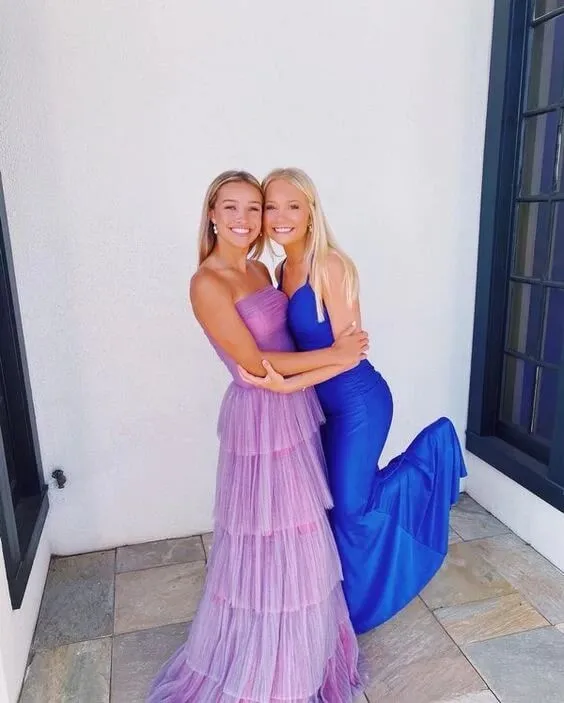 2024 Cheap Tulle Purple Ruffle tiered Prom Dresses Sheath Long Formal Evening Dresses