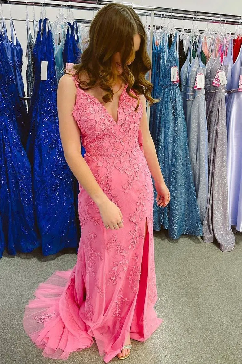 2025 Lavender Lace Prom Dresses Corset Mermaid V Neck