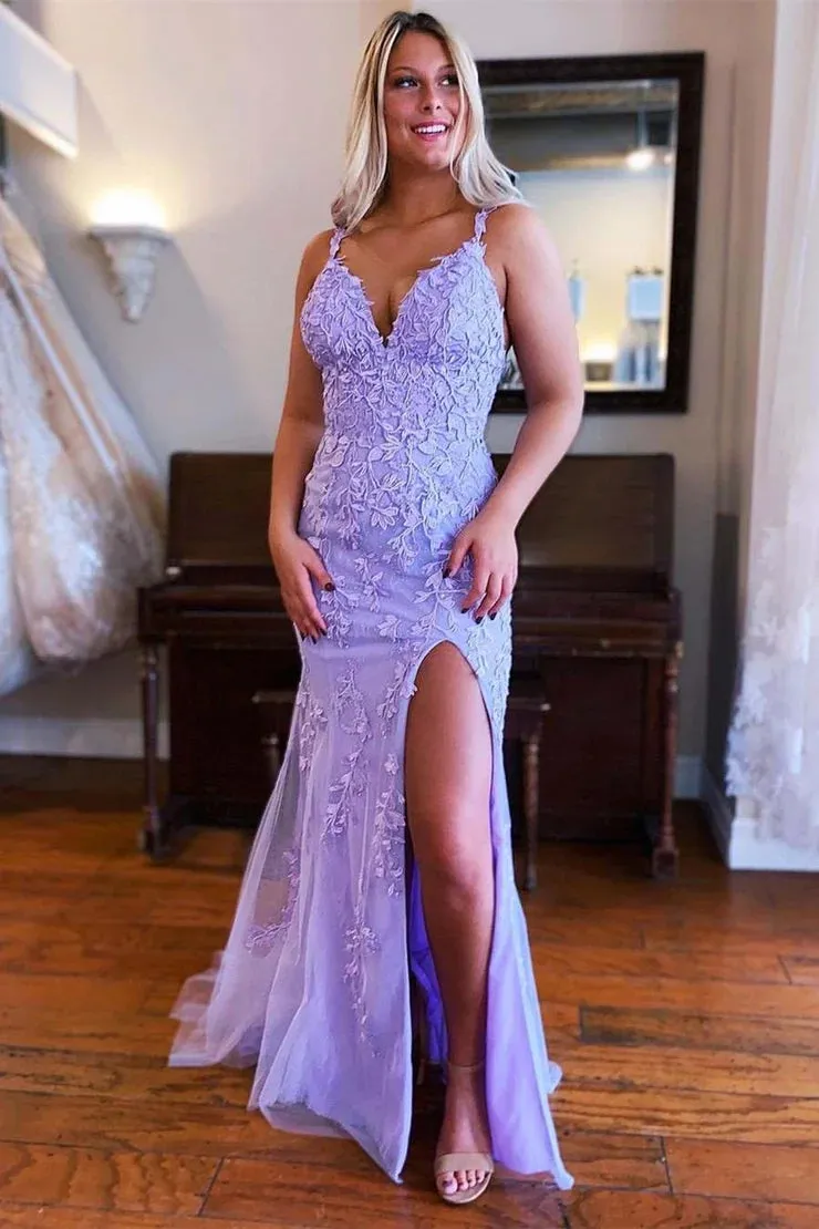 2025 Lavender Lace Prom Dresses Corset Mermaid V Neck