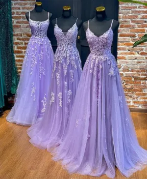 2025 Straps Violet Purple Prom Dresses Lace Tulle Long A-line Dress