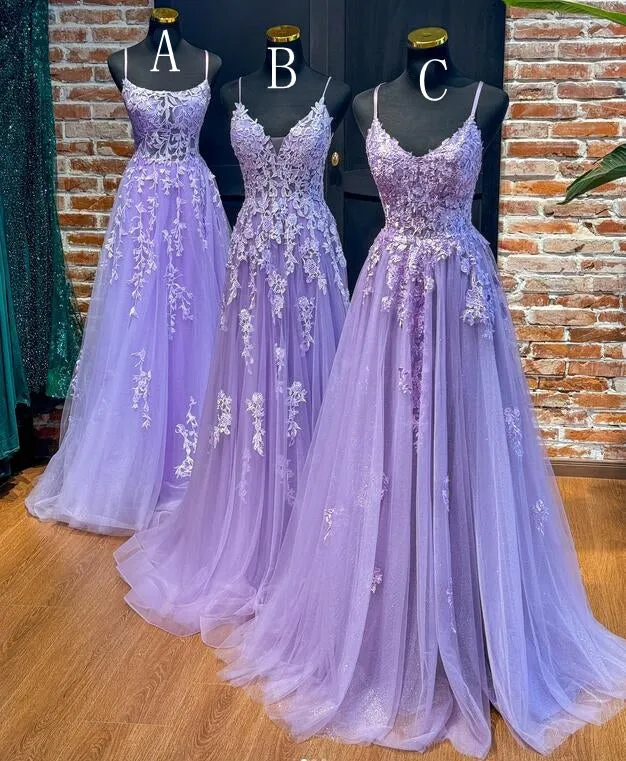 2025 Straps Violet Purple Prom Dresses Lace Tulle Long A-line Dress
