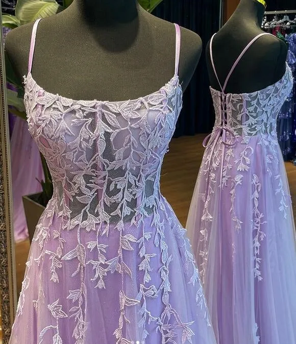 2025 Straps Violet Purple Prom Dresses Lace Tulle Long A-line Dress