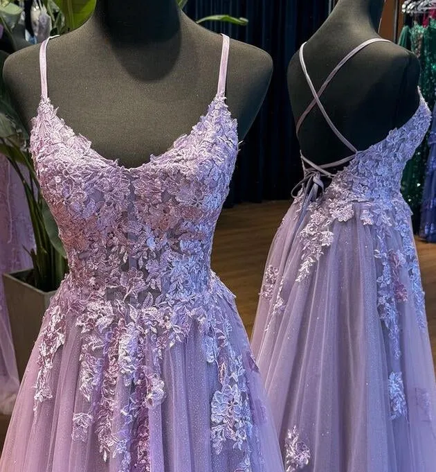 2025 Straps Violet Purple Prom Dresses Lace Tulle Long A-line Dress