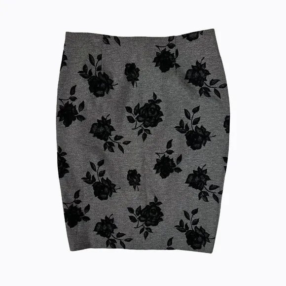 2PC Set: Top/Skirt Gray Black 3D Velvet Floral Chic Whimsigoth Office Siren Sz10
