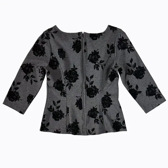 2PC Set: Top/Skirt Gray Black 3D Velvet Floral Chic Whimsigoth Office Siren Sz10