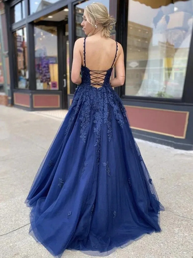A Line V Neck Navy Blue Prom Dresses 2025 Lace Cheap Formal Dresses