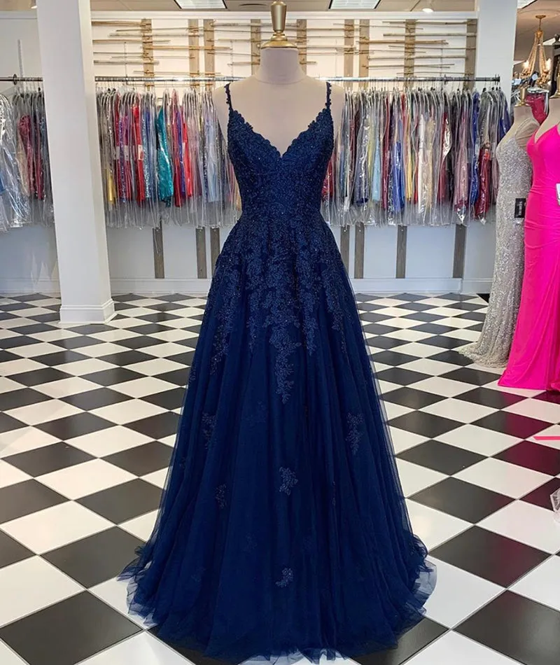 A Line V Neck Navy Blue Prom Dresses 2025 Lace Cheap Formal Dresses
