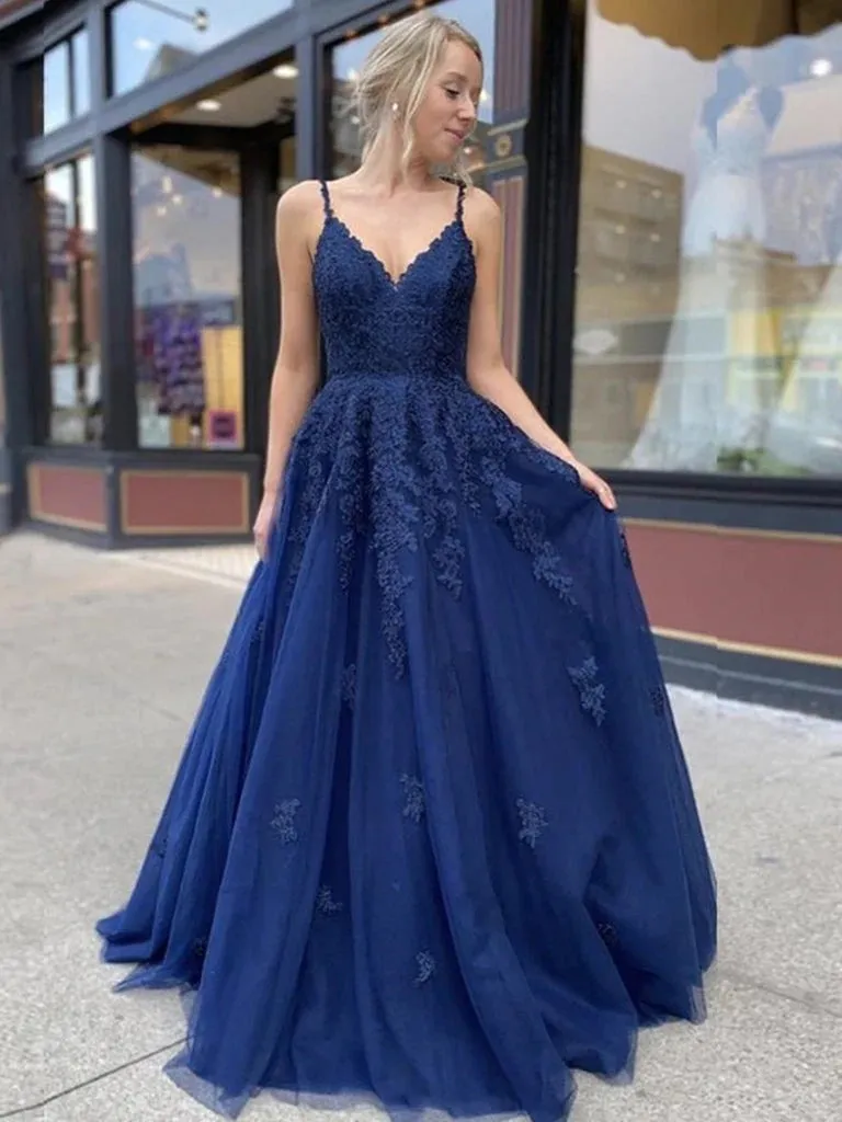 A Line V Neck Navy Blue Prom Dresses 2025 Lace Cheap Formal Dresses