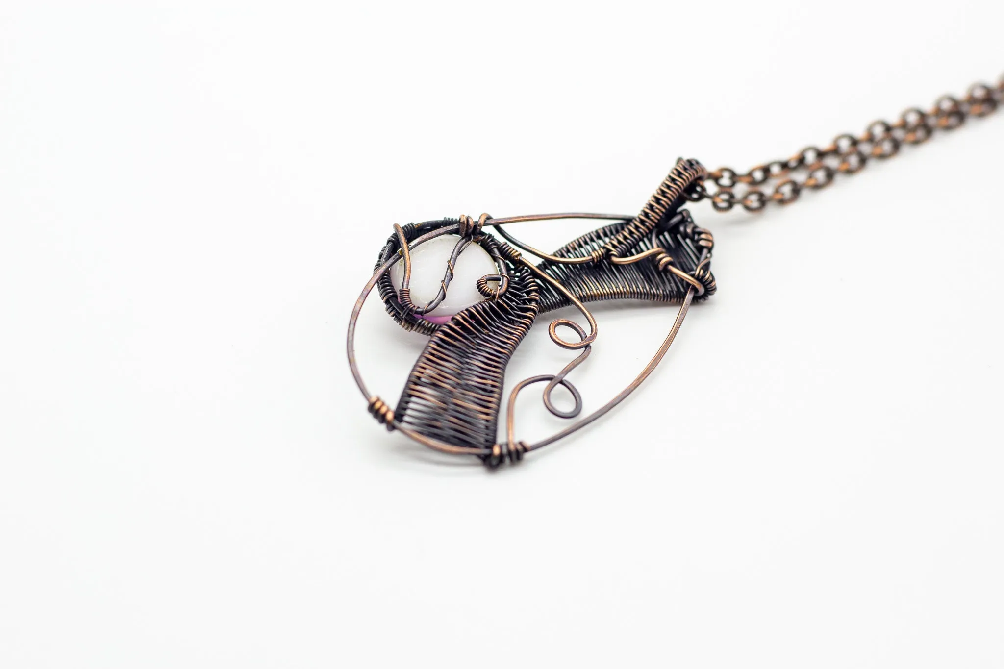 Abstract Copper Wire Wrapped Pendant with Blush Pink Fused Glass Accent