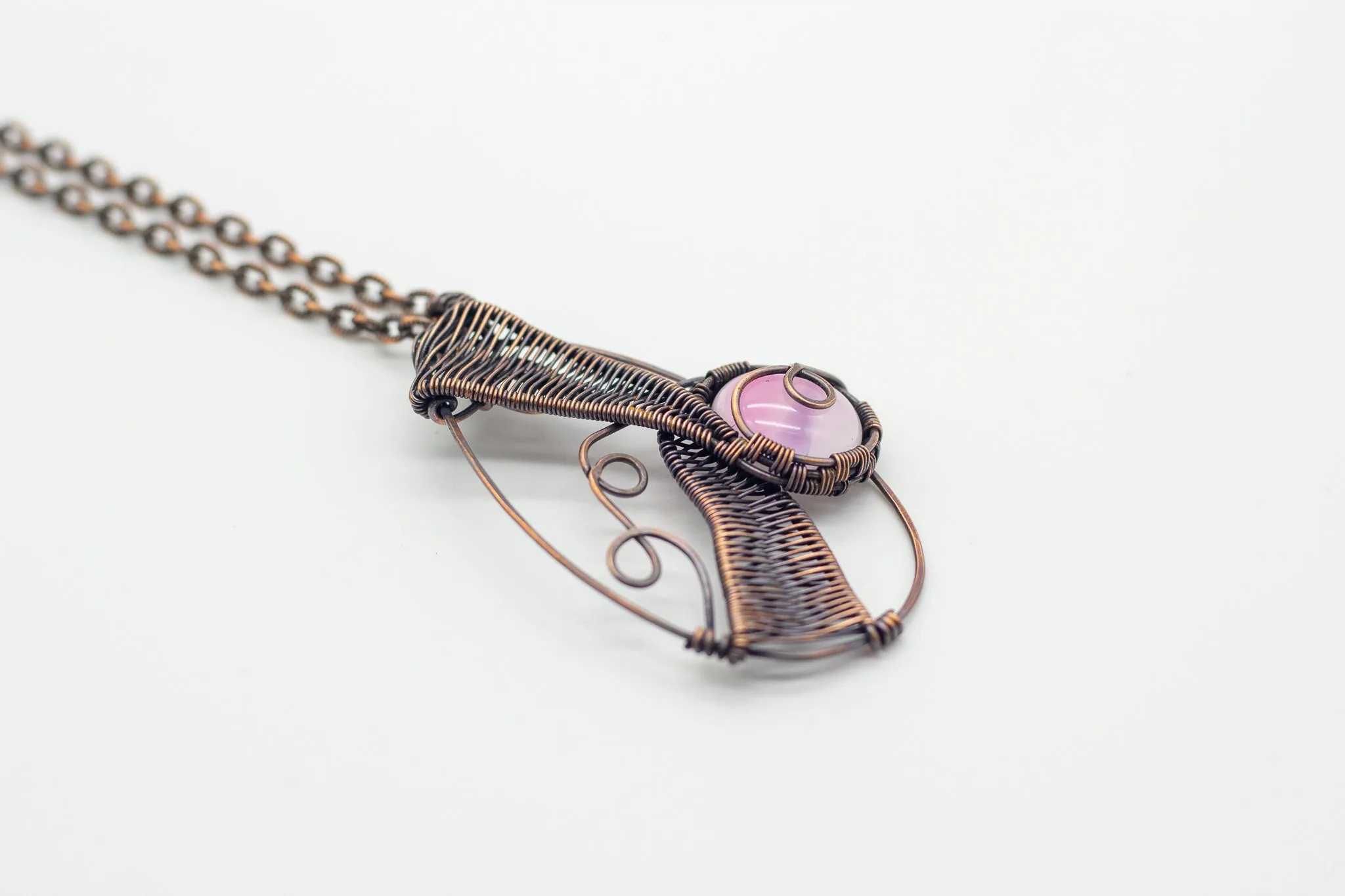 Abstract Copper Wire Wrapped Pendant with Blush Pink Fused Glass Accent
