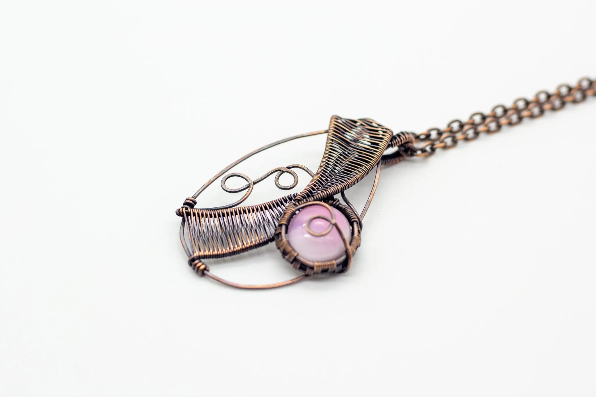 Abstract Copper Wire Wrapped Pendant with Blush Pink Fused Glass Accent