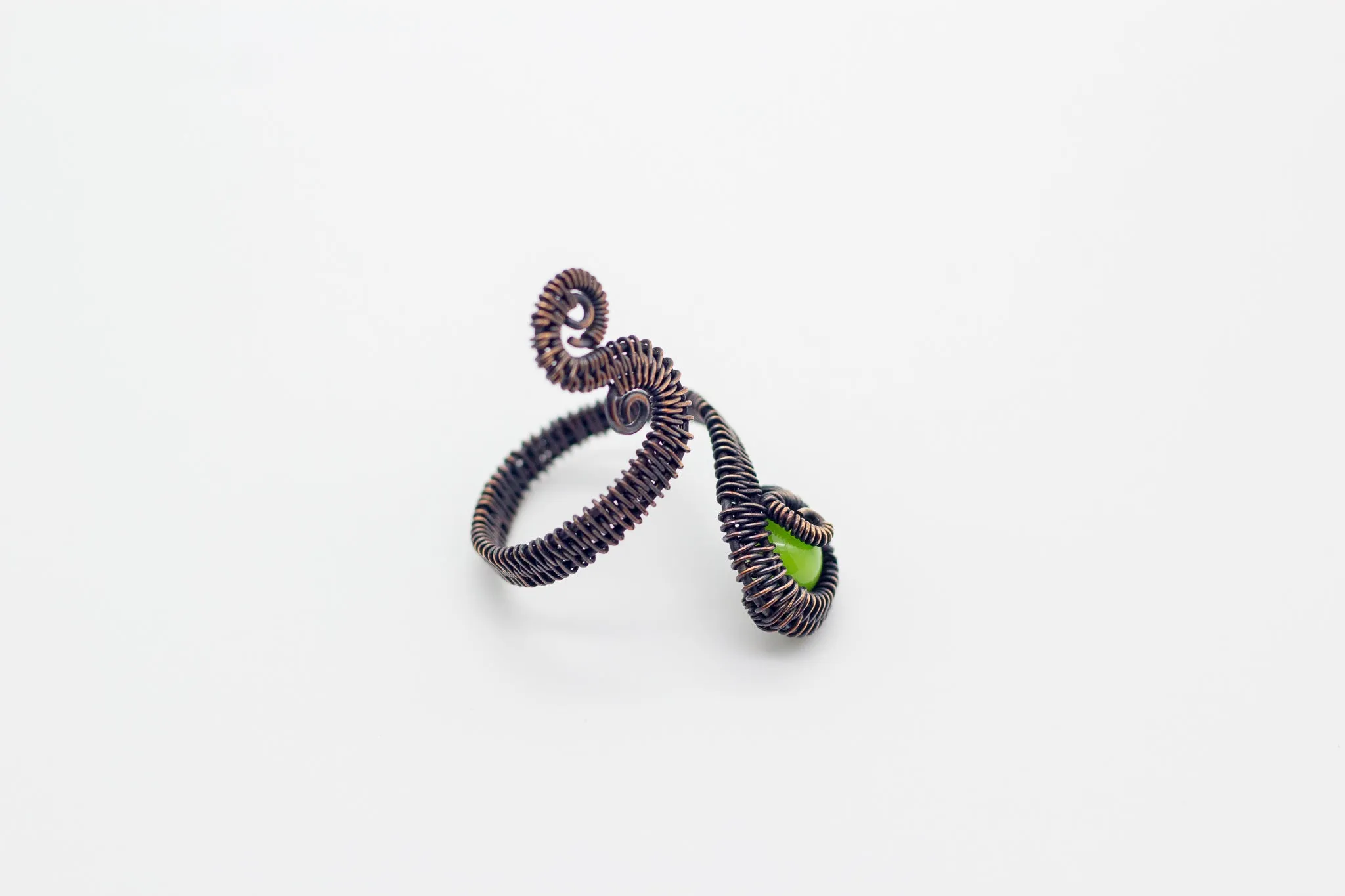 Adjustable Copper Ring with Bright Green Fused Glass Accent