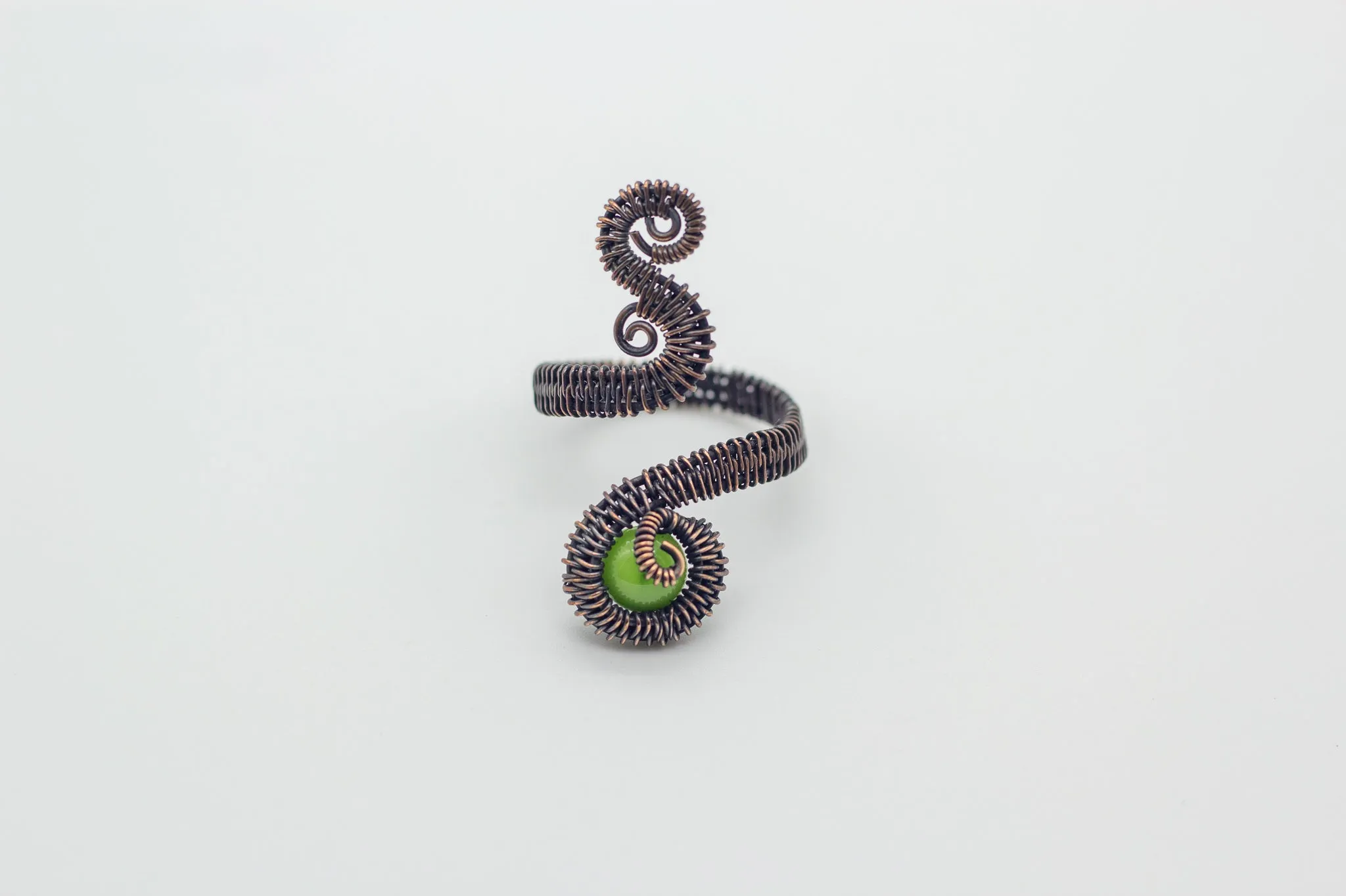 Adjustable Copper Ring with Bright Green Fused Glass Accent