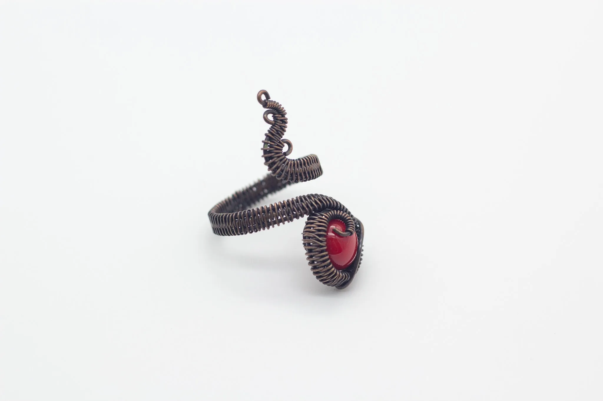 Adjustable Copper Ring with Bright Red Fused Glass Accent