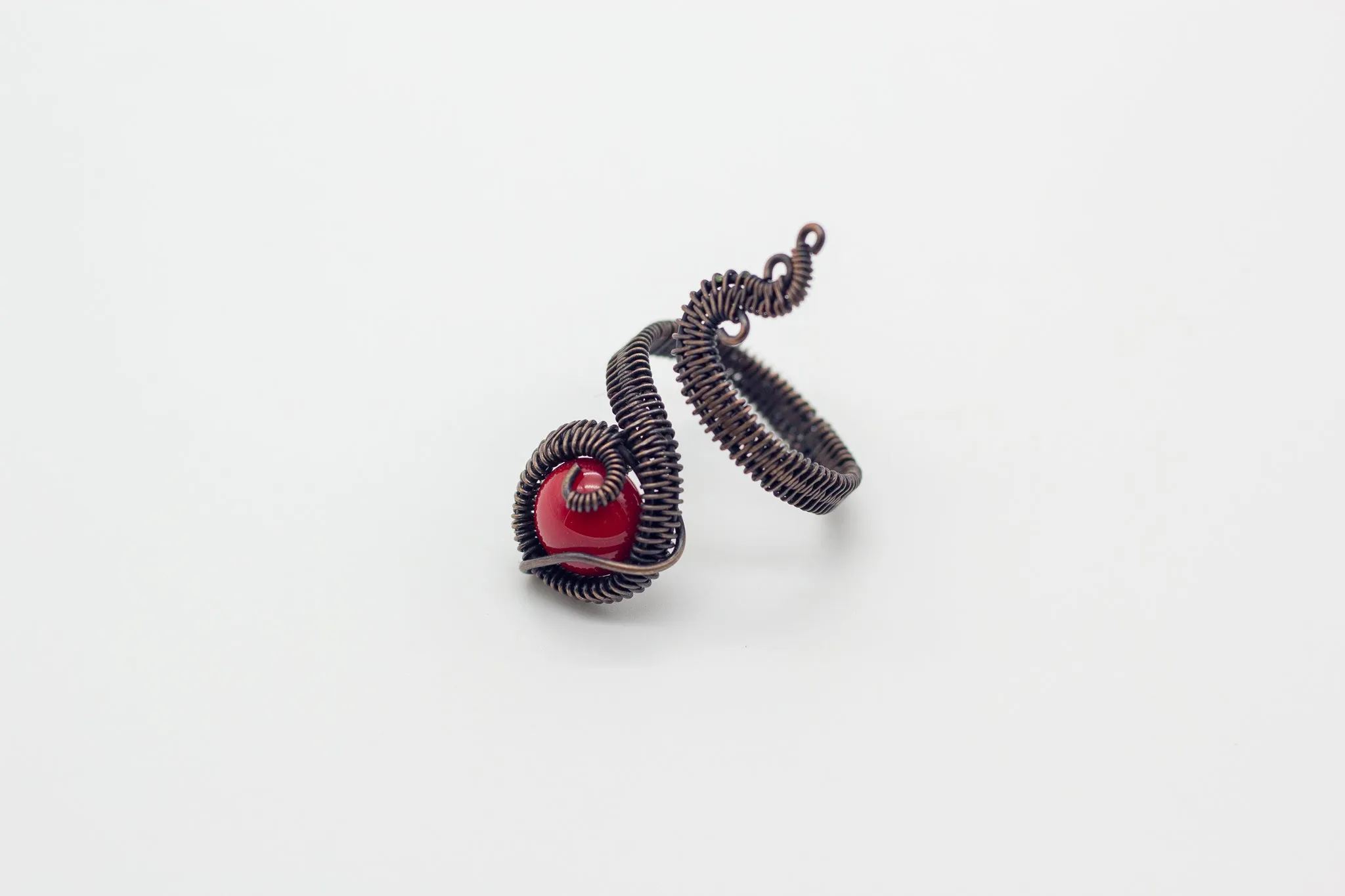 Adjustable Copper Ring with Bright Red Fused Glass Accent