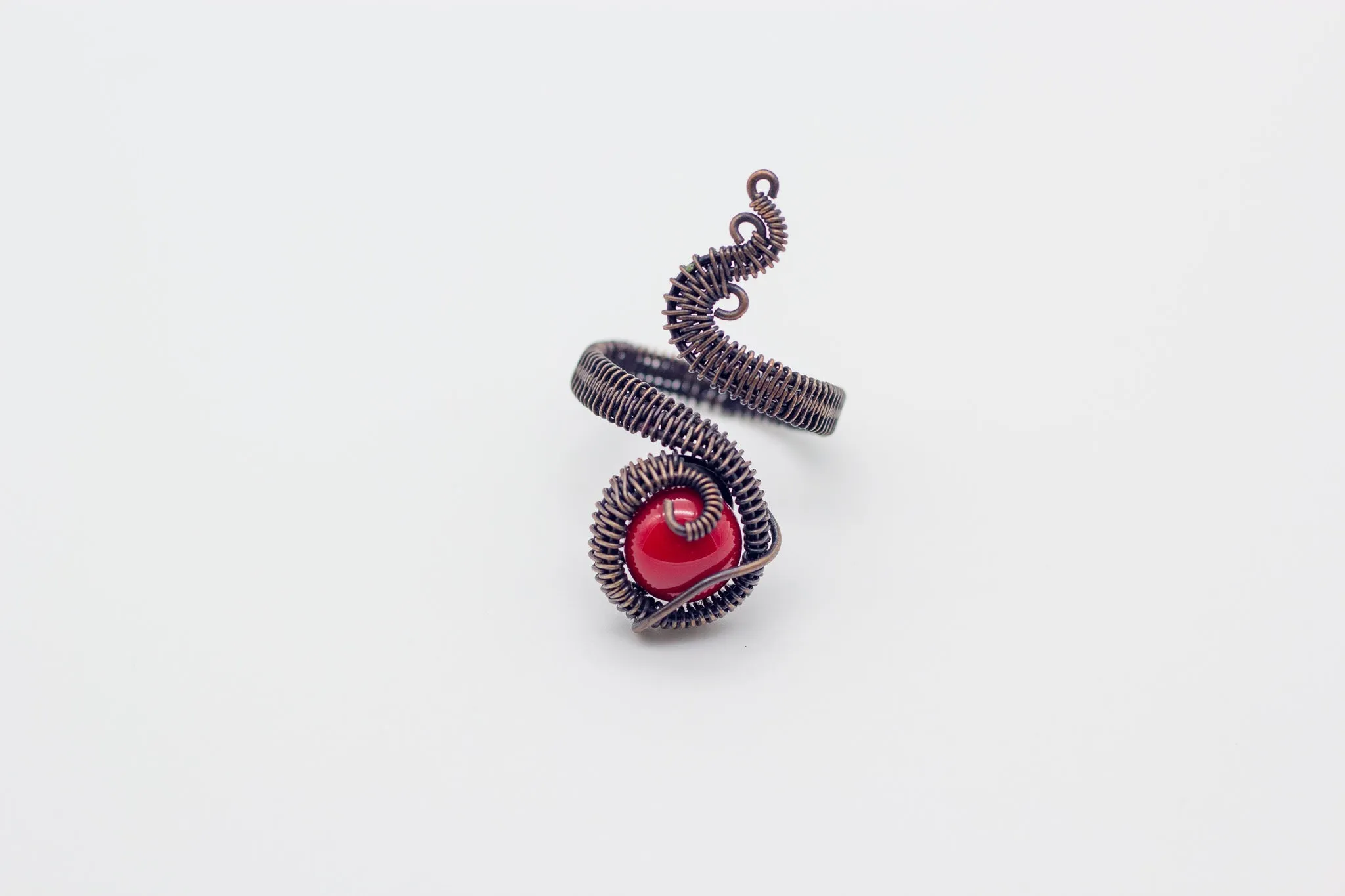 Adjustable Copper Ring with Bright Red Fused Glass Accent