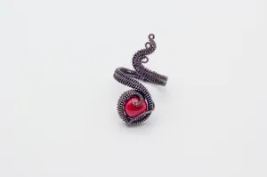 Adjustable Copper Ring with Bright Red Fused Glass Accent