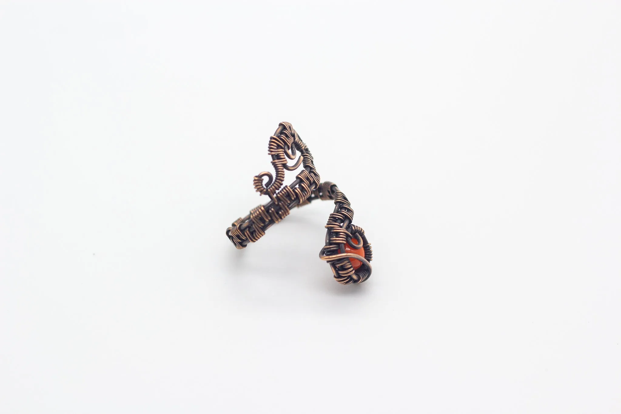 Adjustable Copper Ring with Orange Fused Glass Accent