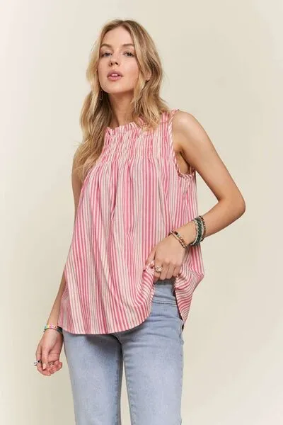 ADORA Contrast Striped Frill Round Neck Sleeveless Top