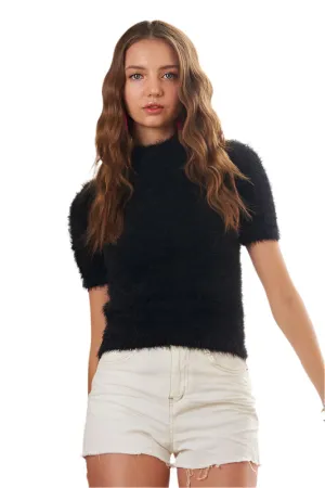 ADORA Fuzzy Mock Neck Short Sleeve Sweater