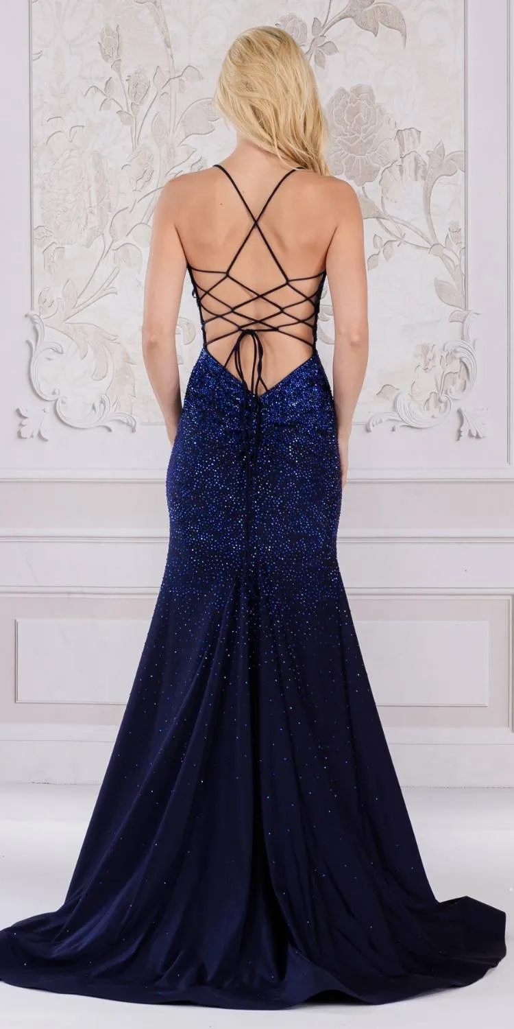 Amelia Couture 3018 Long Mermaid V-Neck Spaghetti Strap Lycra Gown