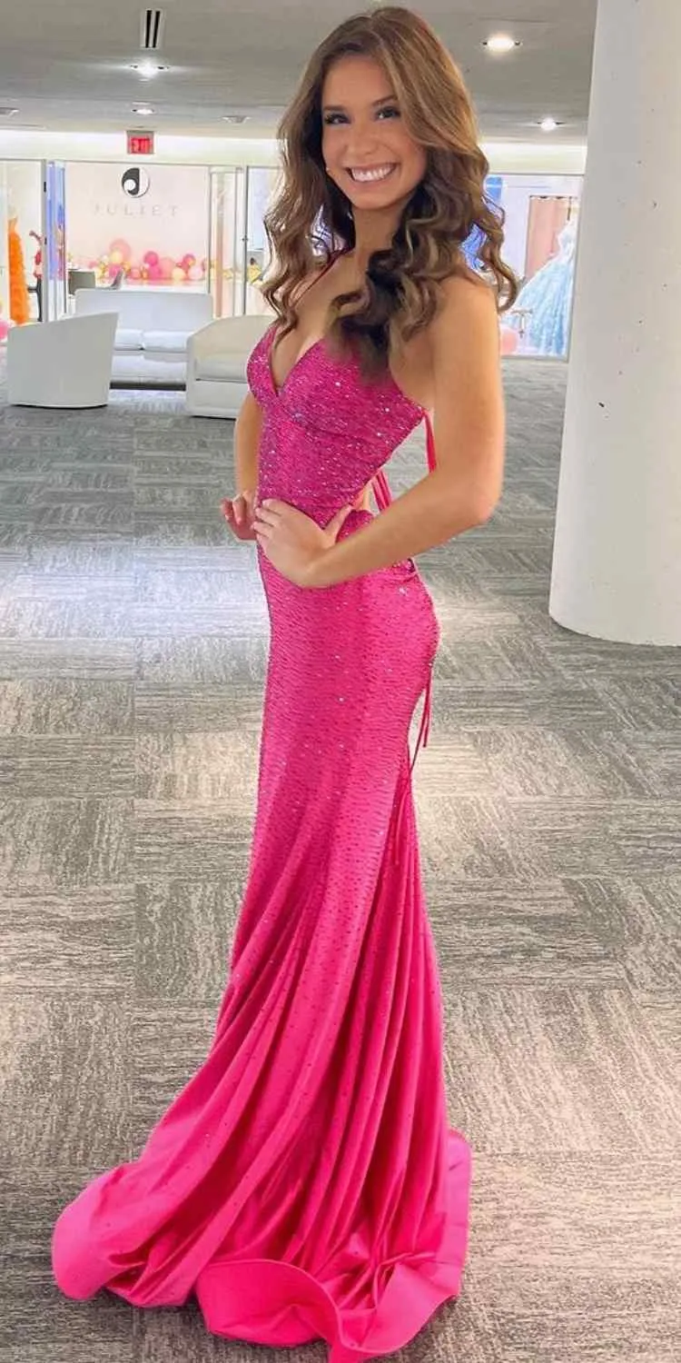 Amelia Couture 3018 Long Mermaid V-Neck Spaghetti Strap Lycra Gown