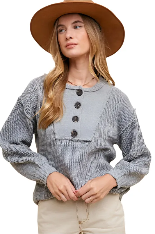 Annie Wear Half Button Ribbed Hem Sweater