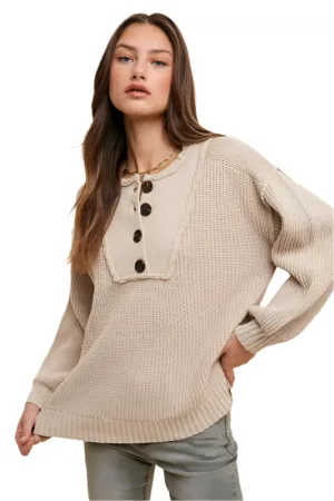 Annie Wear Half Button Ribbed Hem Sweater