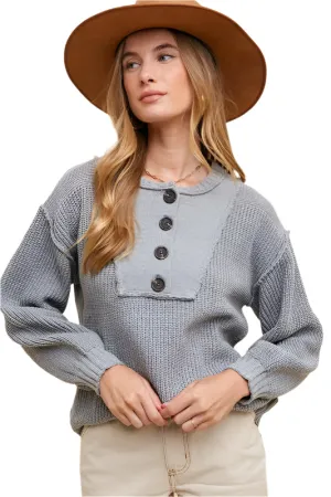 Annie Wear Half Button Ribbed Hem Sweater