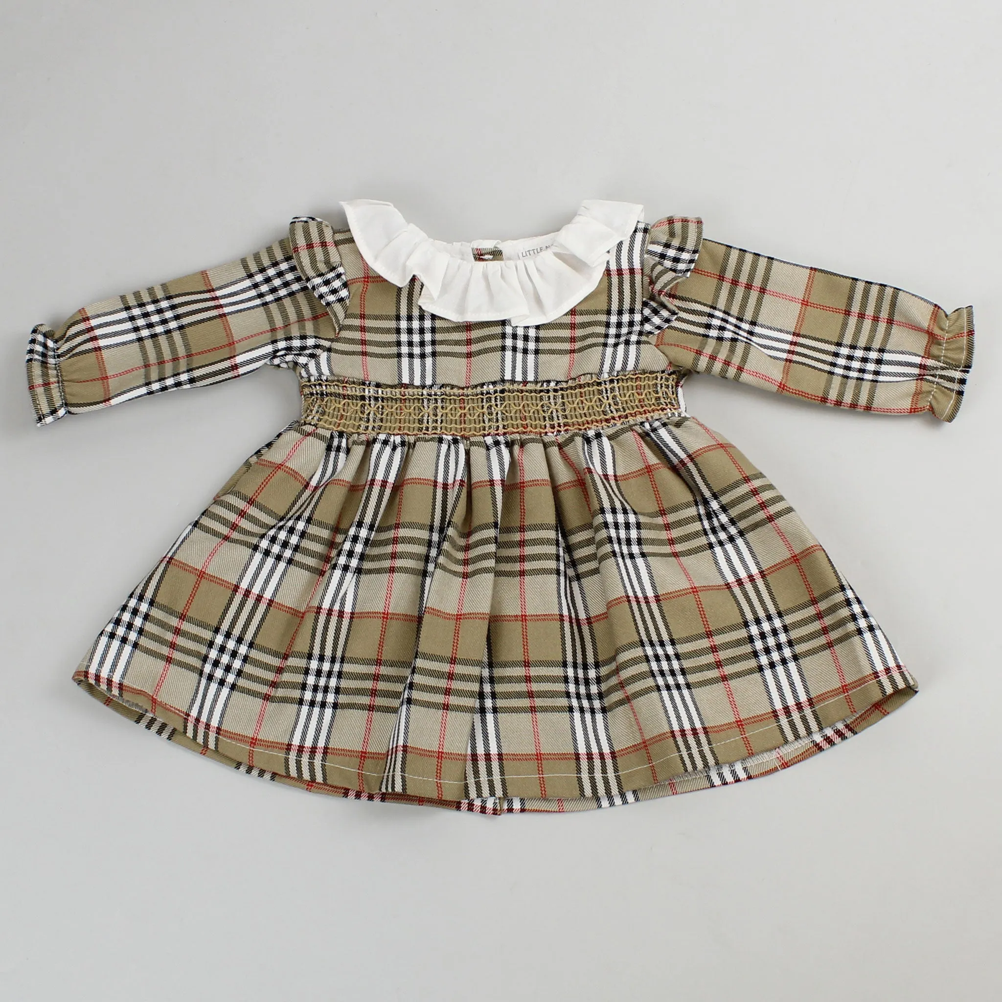 Baby Girls Beige Smocked Tartan Dress