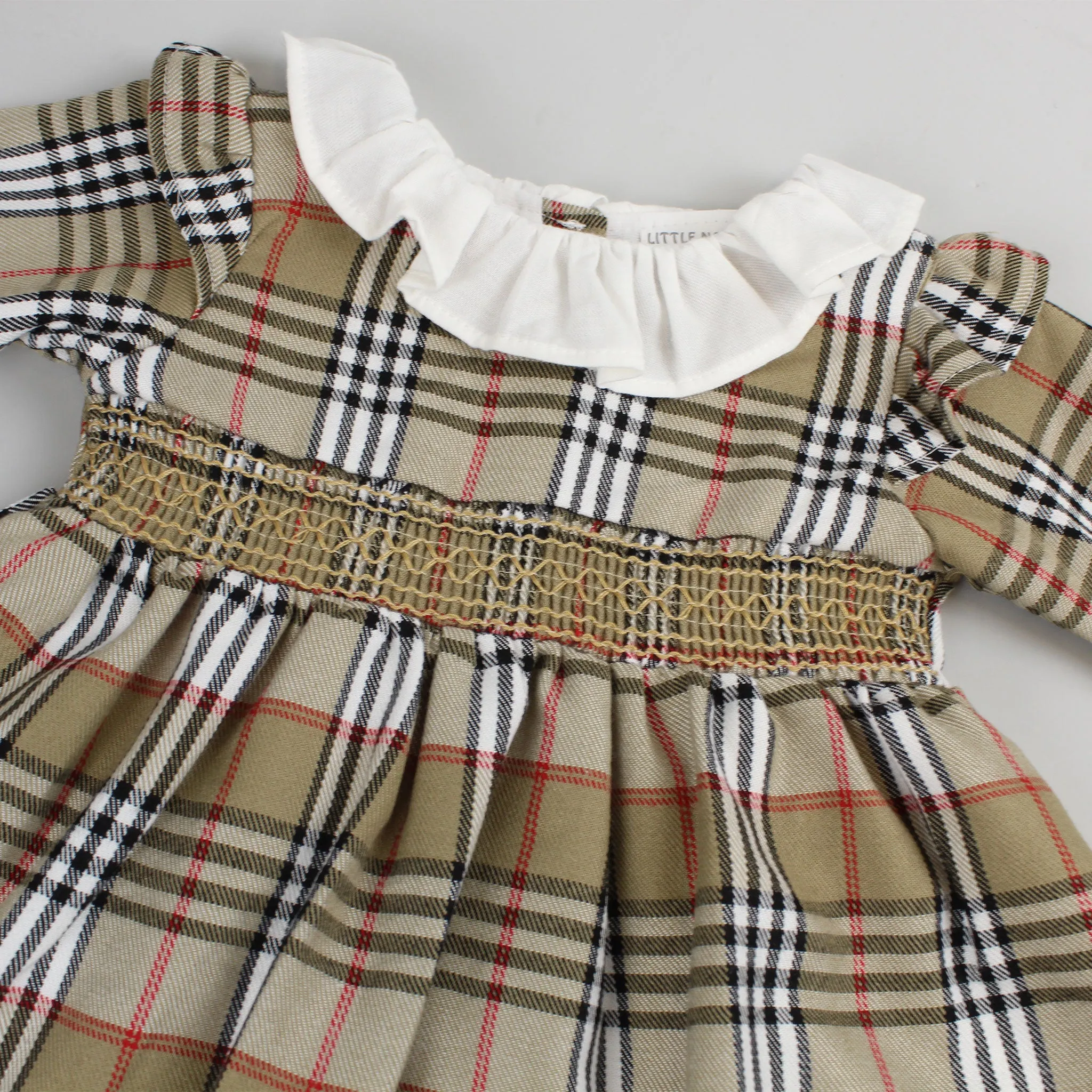 Baby Girls Beige Smocked Tartan Dress