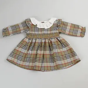 Baby Girls Beige Smocked Tartan Dress
