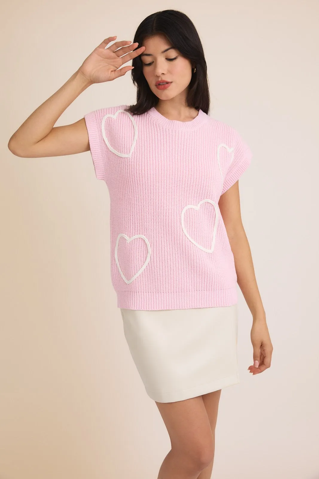 BABY PINK ROUND NECK WIDE SHOULDER SWEATER  WITH 3D HEARTS