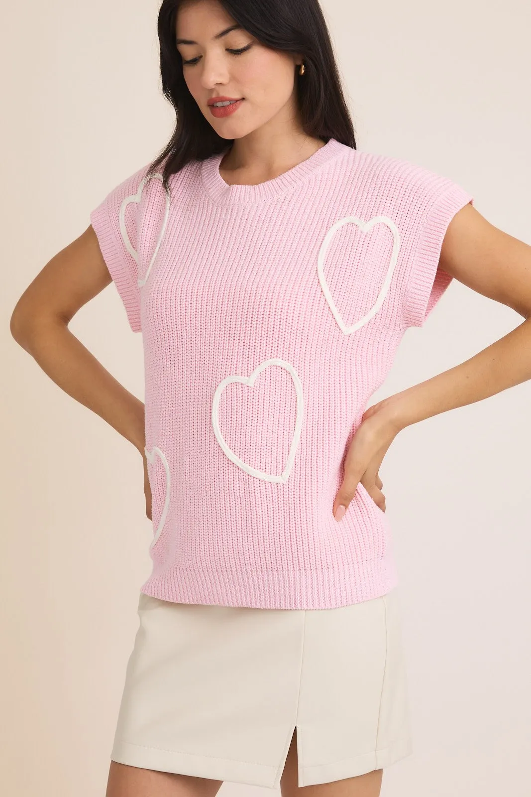 BABY PINK ROUND NECK WIDE SHOULDER SWEATER  WITH 3D HEARTS