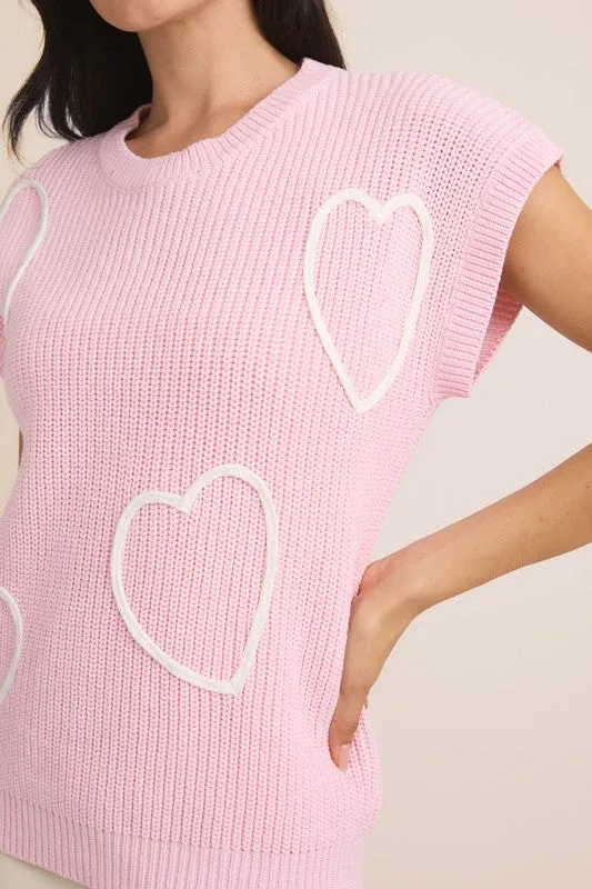 BABY PINK ROUND NECK WIDE SHOULDER SWEATER  WITH 3D HEARTS