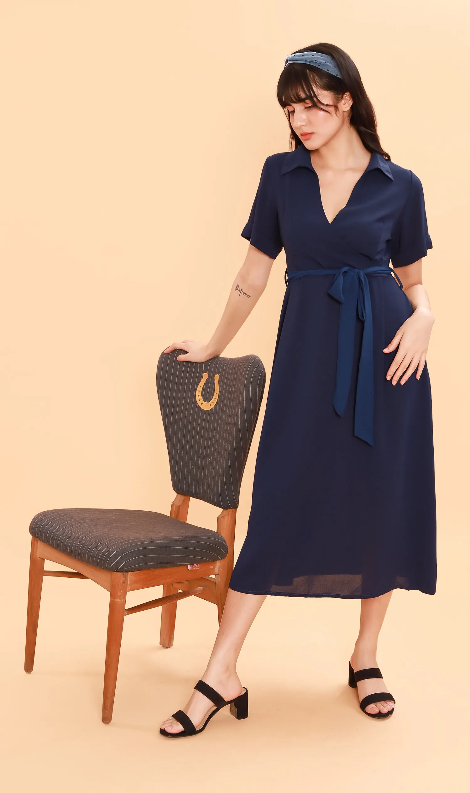 BEATRIX Collared Surplice Dress (Navy)
