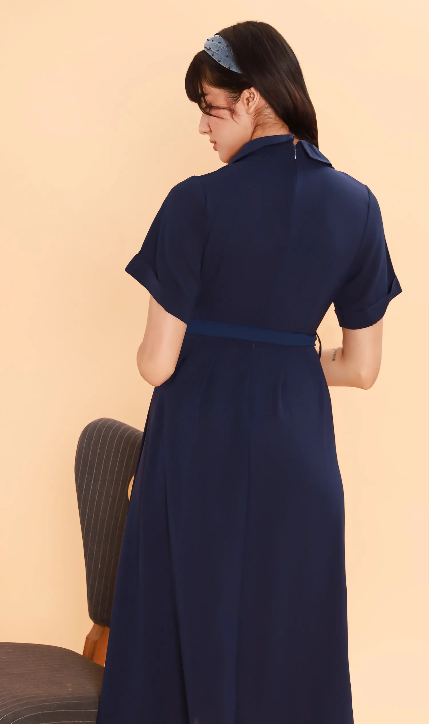 BEATRIX Collared Surplice Dress (Navy)