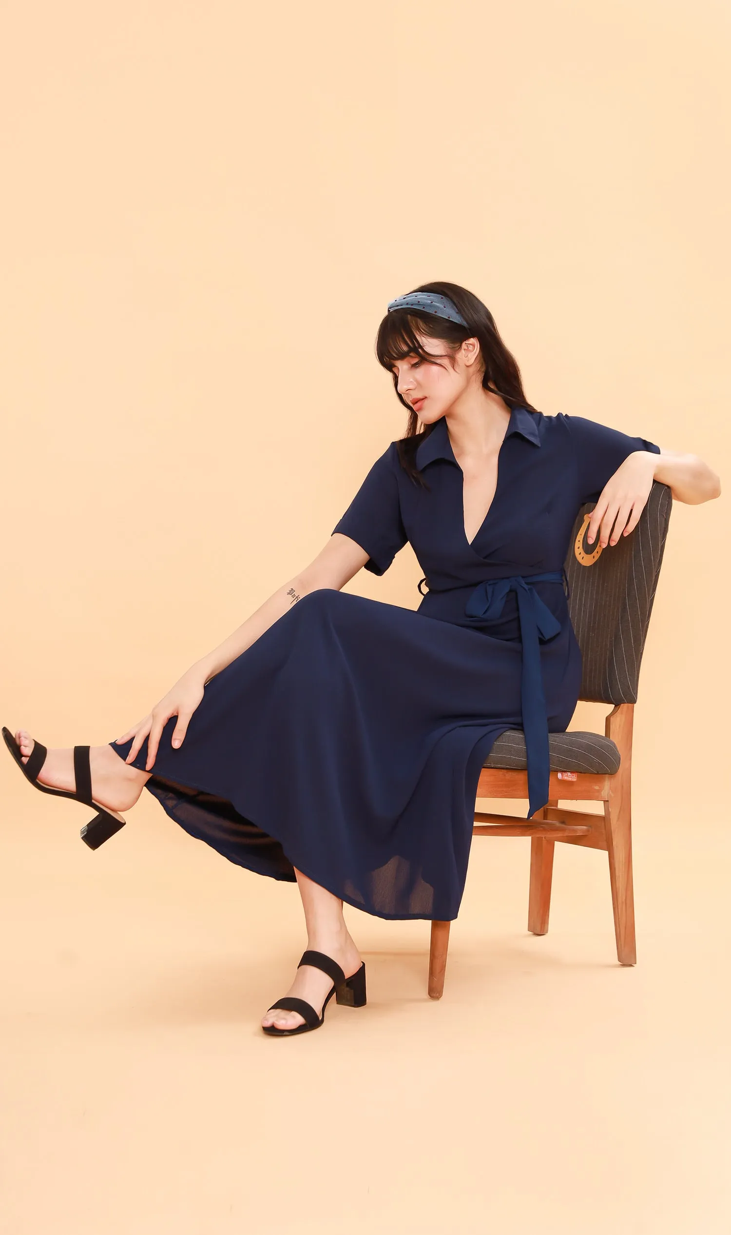 BEATRIX Collared Surplice Dress (Navy)