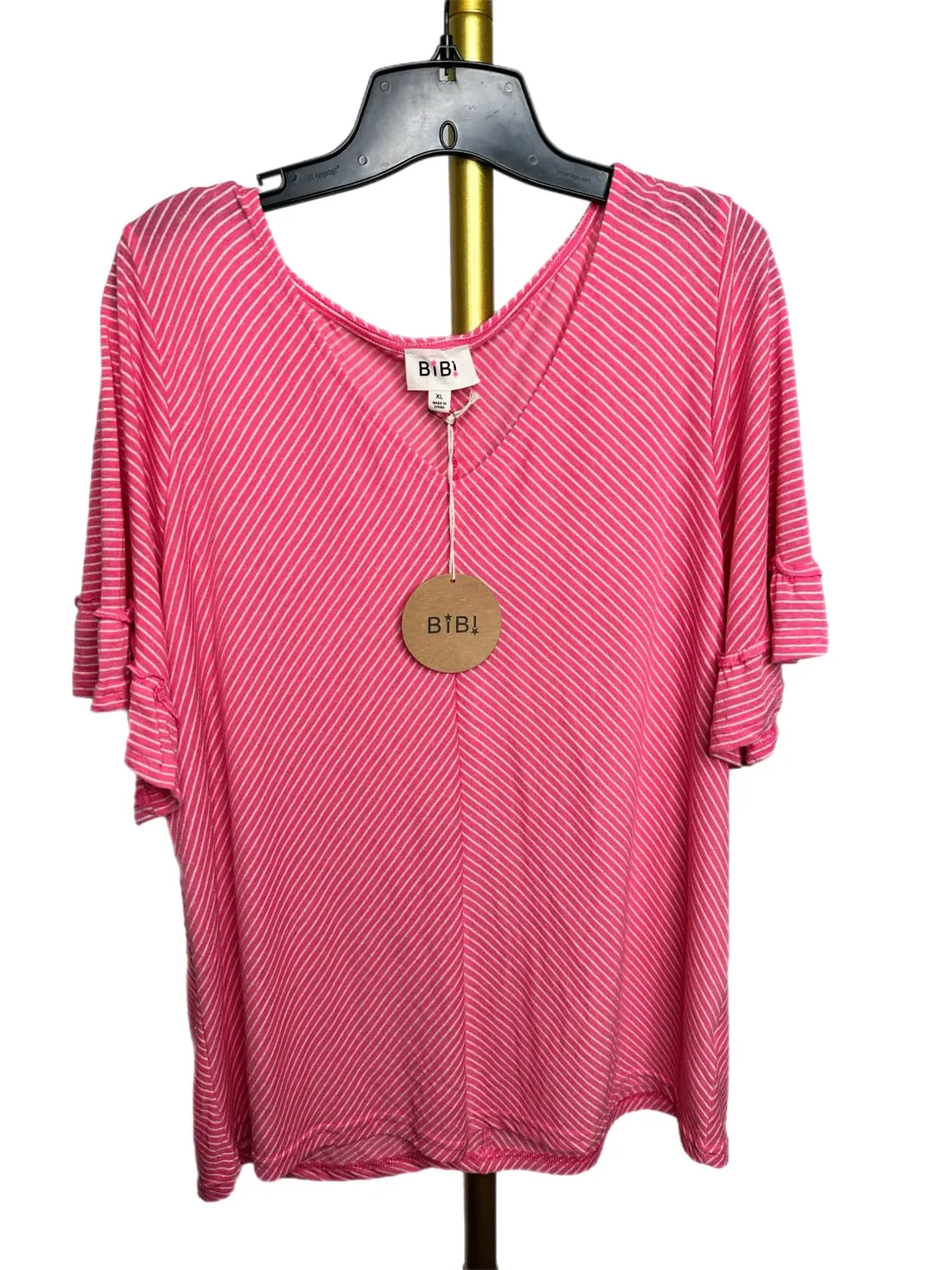 Bibi Ruffle Sleeve Pink Stripe V-Neck Top (Limited Quantities)