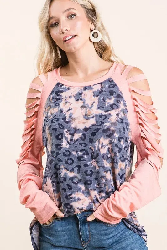 BiBi Tie Dye Leopard Burn Out Top with Contrast