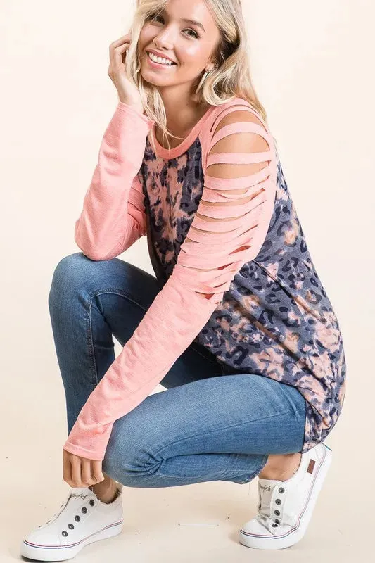 BiBi Tie Dye Leopard Burn Out Top with Contrast
