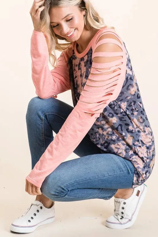 BiBi Tie Dye Leopard Burn Out Top with Contrast