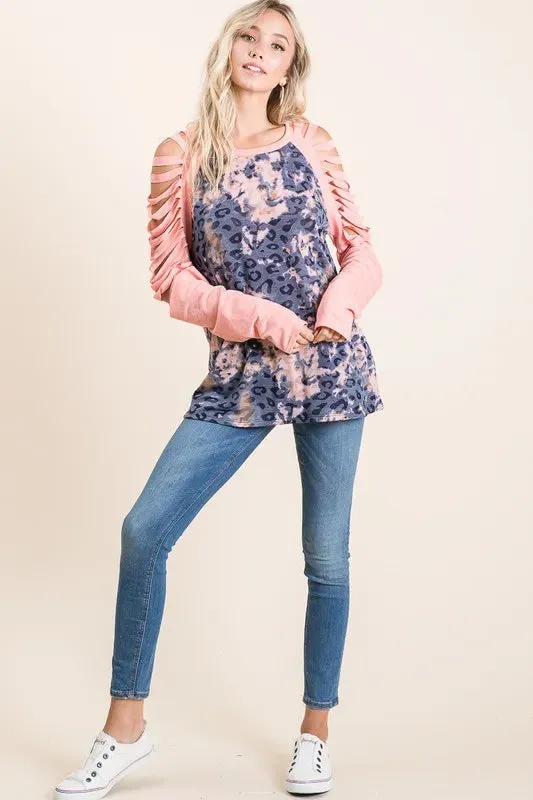 BiBi Tie Dye Leopard Burn Out Top with Contrast