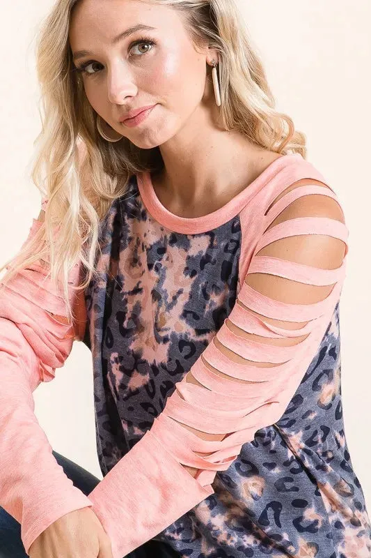 BiBi Tie Dye Leopard Burn Out Top with Contrast