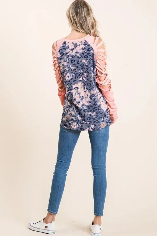 BiBi Tie Dye Leopard Burn Out Top with Contrast