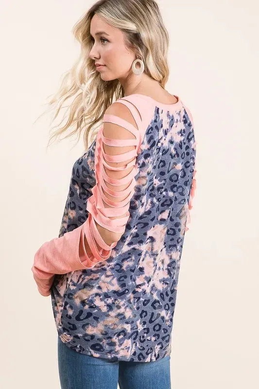 BiBi Tie Dye Leopard Burn Out Top with Contrast